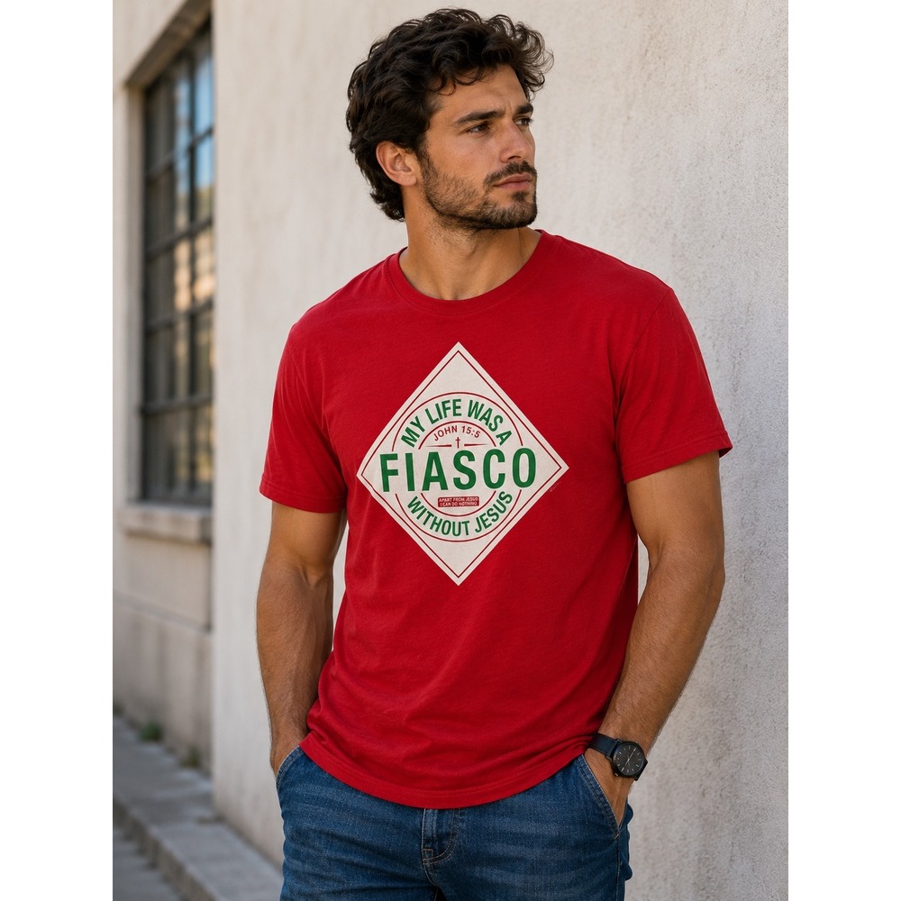 Fiasco Without Jesus Tabasco Parody Graphic T-Shirt Red John 15:5 Tee Mens M